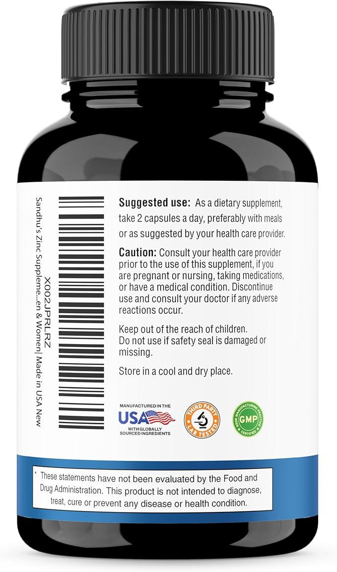 Sandhu's Zinc Supplement with Ionophores| Quercetin & Green Tea Extract for Superior Absorption and High Potency| 800mg Vegetarian Capsules 60 Count (Pack of 1)| Immune Support for Men & Women