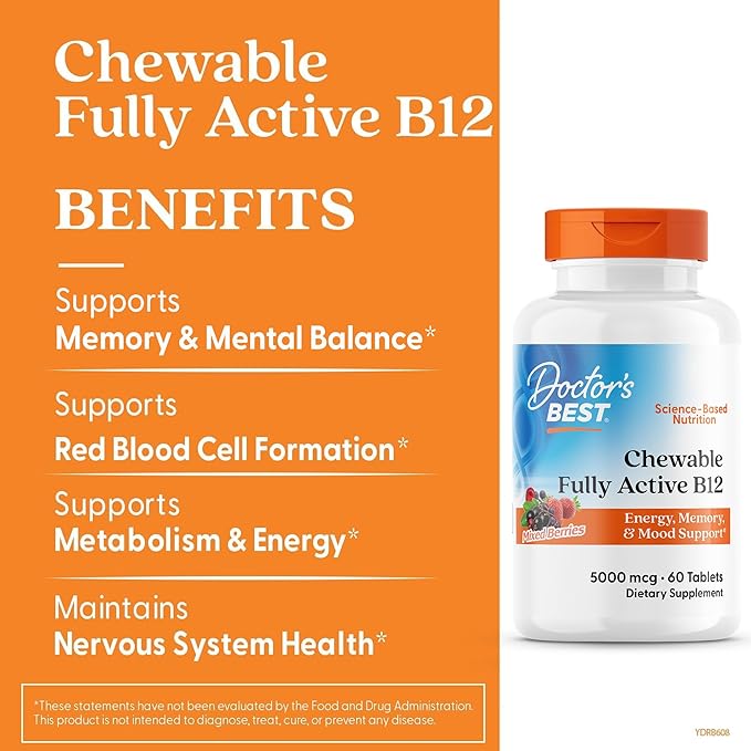 Doctors Best Chewable Fully Active Methyl B12, Methylcobalamin, Energy, Memory, & Mood Support, Non-GMO, Gluten Free, Soy Free, Vegan 60 Tablets