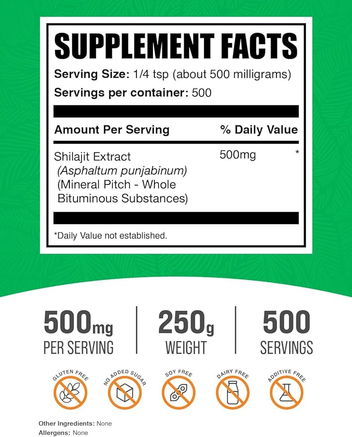 BulkSupplements.com Shilajit Extract Powder - Fulvic Acid Supplement, Shilajit Supplement - Gluten Free, 500mg per Serving of Shilajit Powder, 250g (8.8 oz) (Pack of 1)