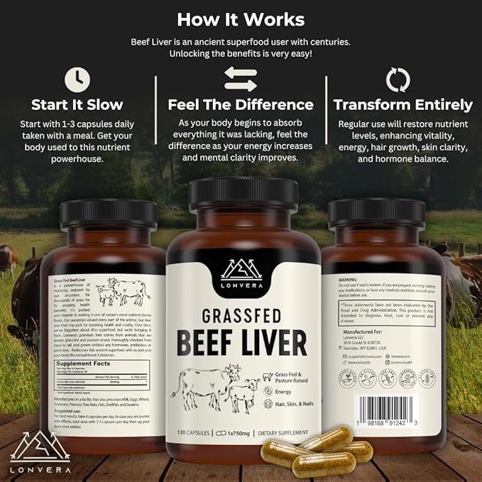 Lonvera Grass Fed Beef Liver Capsules for Women and Men – 3000mg Freeze Dried Desiccated Organs – Nutrient Source for Joints, Bones, Hair, Skin, Nails & Daily Energy – 120 Pasture-Raised Capsules