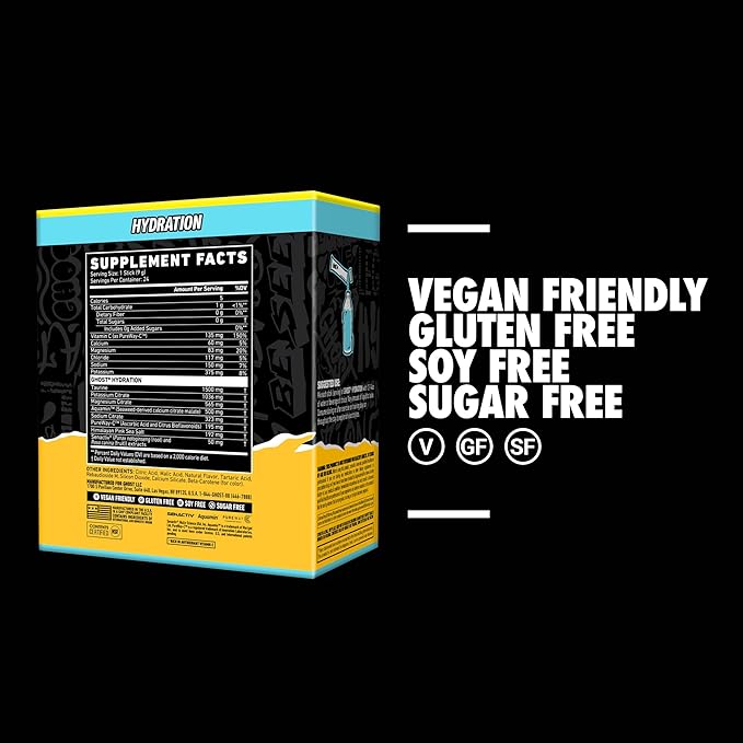 GHOST Hydration Sticks, Electrolyte Powder Packets, Lemon Crush - 24 Sugar Free Instant Electrolyte Drink Mix - Caffeine-Free Daily Hydration & Immune Support with Clean Formula