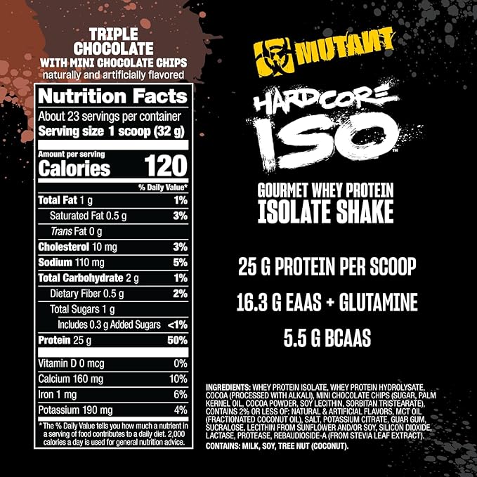 Mutant Hardcore ISO Whey Protein Powder Acts Fast to Help Recover, Build Muscle, Bulk and Strength, Uses Only Ingredients, 1.6 lb - Triple Chocolate