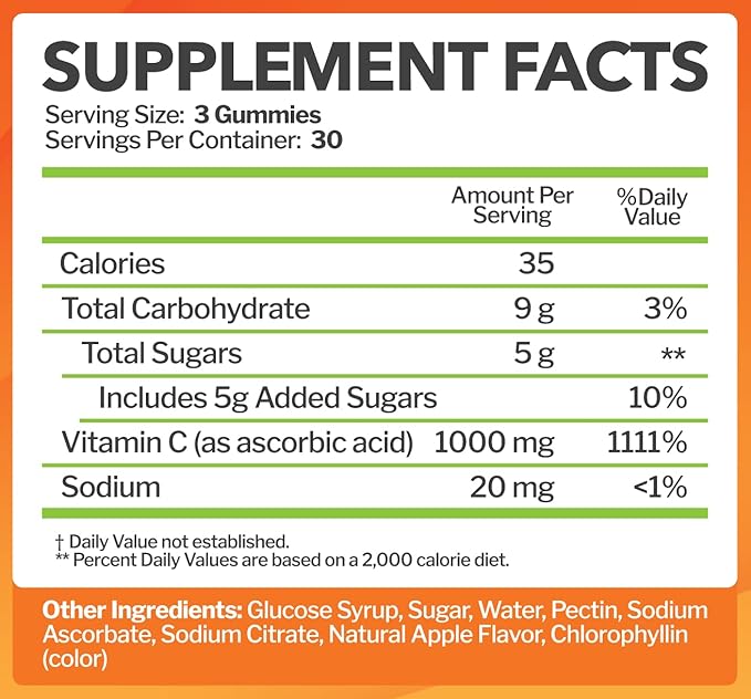 Vitamin C 1000mg Gummies (90 Count) - Maximum Strength Chewable Immune Support & Collagen Support for Adults & Kids - Natural Green Apple Flavor - Gluten Free, Non-GMO, Vegetarian - 90 Gummies