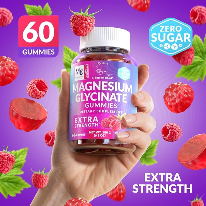 Magnesium Glycinate Gummies 400mg, Muscle Support and Relaxation, Magnesium Supplement for Women, Men and Kids, High Absorption, Sugar Free, Vegan, 60 Days Supply, Raspberry Flavor