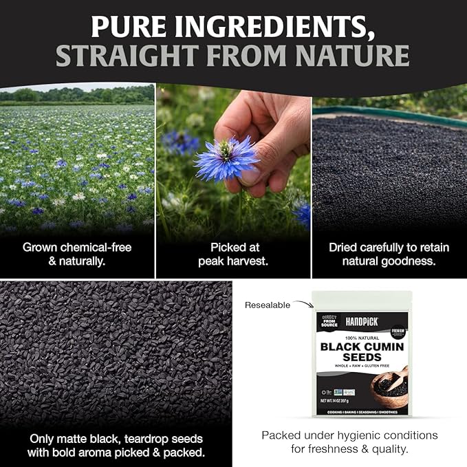 HANDPICK Black Cumin Seed (14oz) Pure Nigella Seeds - No Salt or Preservatives, Non GMO | Indian Black Whole Cumin | Gluten Free, Aromatic & Farm Fresh Kalonji | Resealable Zip Lock Pouch