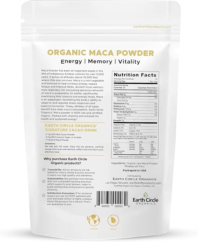 Earth Circle Organics Yellow Maca Root Powder, Natural Superfood, Helps with Energy, Weight, and Women's Fertility - Vegan - 8 Ounce (Pack of 2)