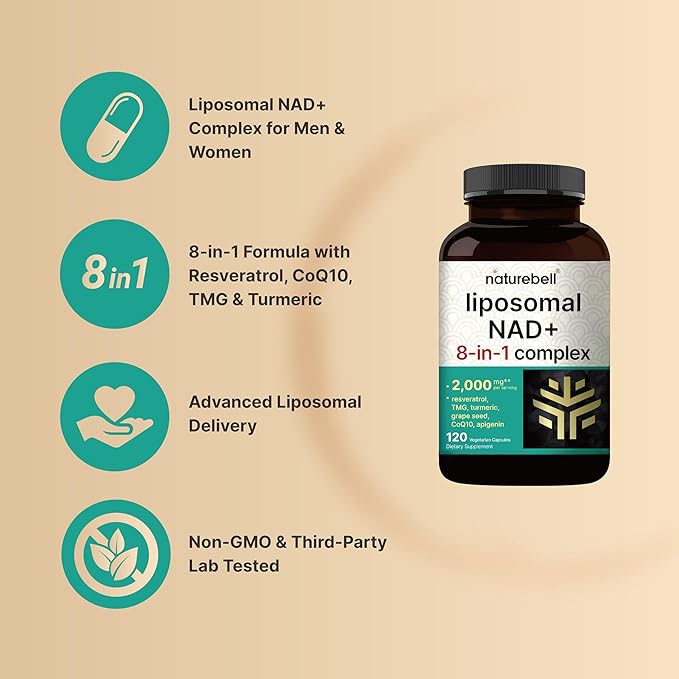 NatureBell Liposomal NAD+ 8-in-1 Complex 2000mg** Per Serving, 120 Vegetarian Capsules – NAD Resveratrol Supplement with TMG, CoQ10, Turmeric, Grape Seed & Apigenin – Non-GMO, cGMP Manufactured