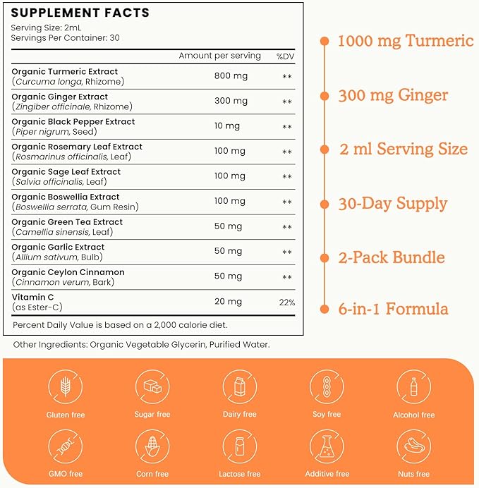(2 Pack) Organic Turmeric Curcumin Supplement with Black Pepper and Ginger - Liquid Turmeric Extract Drops (with Cinnamon, Rosemary) - Mobility and Flexibility Support and Digestive Health - 1 Fl Oz