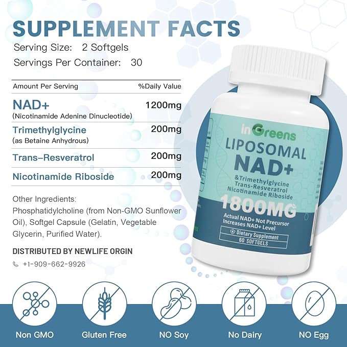 inGreens Liposomal NAD+ Supplement 1800 mg with Nicotinamide Riboside, Trans Resveratrol, Trimethylglycine，Replaces NMN, Boost NAD+, Aging Defense，Cellular Energy, 120 Softgels