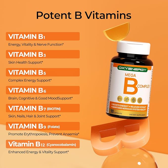 OxyEnergy Mega Vitamin B Complex for Women and Men, with Choline Inositol Biotin Folic Acid B1 B2 B3 B5 B6 B12, Neurological Health Support Cellular Energy - 90 Capsules,45Days Supply
