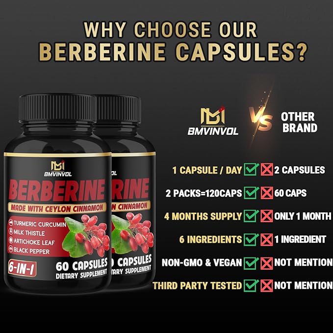 (2 Packs) Berberine Supplement Plus Ceylon Cinnamon, Turmeric - 120 Capsules - Supports Immune Function - Berberine HCl Supplement Pills - 4 Months Supply