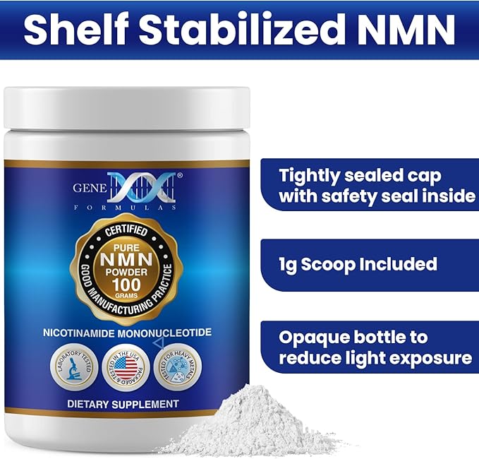 Genex Formulas Pure NMN Powder 100 Grams, Instant Dissolve, Shelf Stable, Non-Synthetic, PVP Free, Ultra-Low Density, 99.9% Pure NMN, Made in a US-Based, GMP, NSF & FSSC 22000 Certified Facility