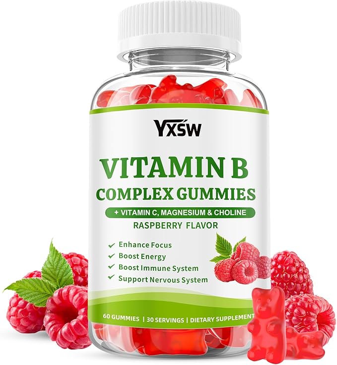 Vitamin B Complex Gummies for Women & Men - Vitamin B12, B1, B2, B3, B5 & B6 -B Complex Vitamin Supplements with Vitamin C,Magnesium & Choline, Raspberry Flavor, 60 Count