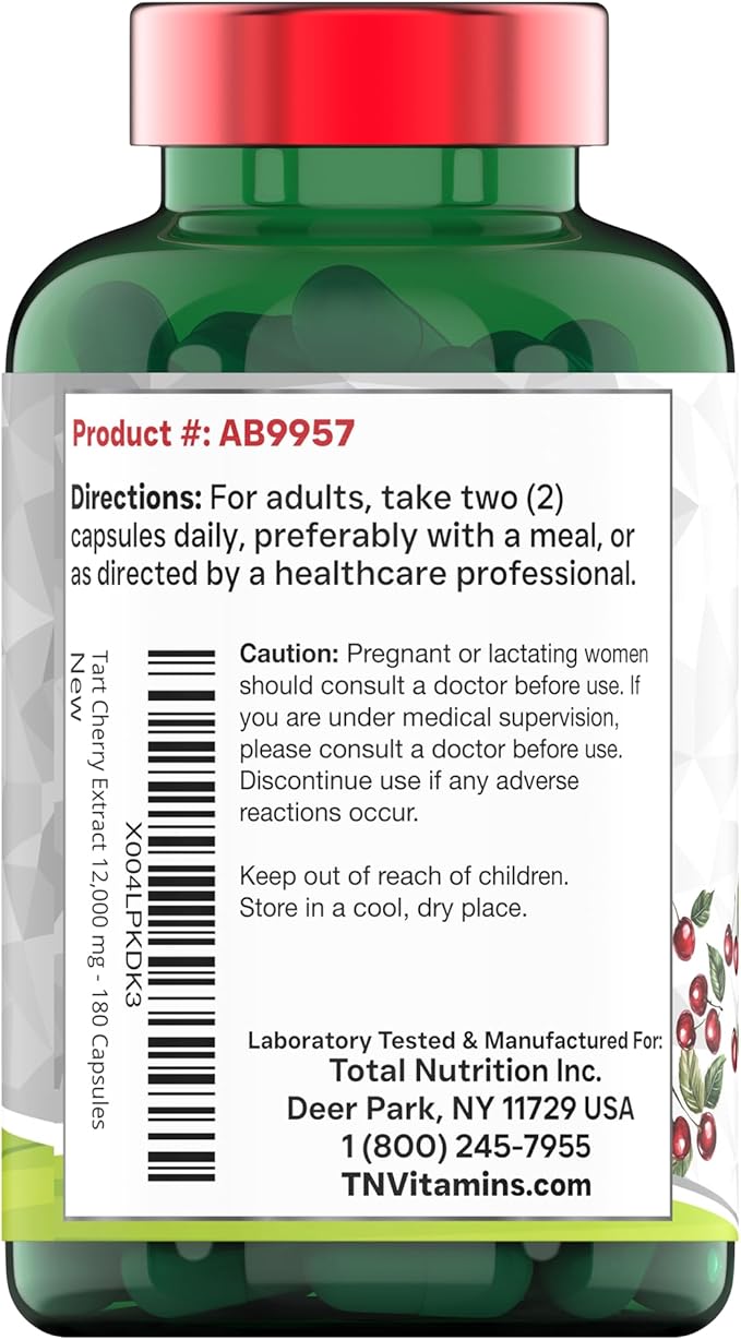 tnvitamins Tart Cherry Capsules 12,000 mg Per Serving - 180 Count | Ultra-Potent Tart Cherry Extract Capsules | Joint, Sleep, & Recovery Support* | High in Antioxidants | Non-GMO | Made in the USA!