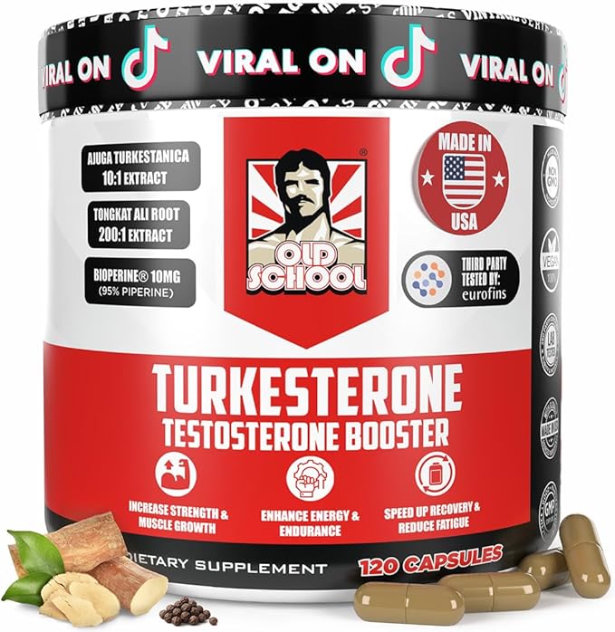 Old School Labs Testosterone Supplement for Men – Turkesterone 1500mg Max Potency + Tongkat Ali & BioPerine® – Muscle Growth, Recovery, Drive & Stamina – 120 Caps, 40 Servings