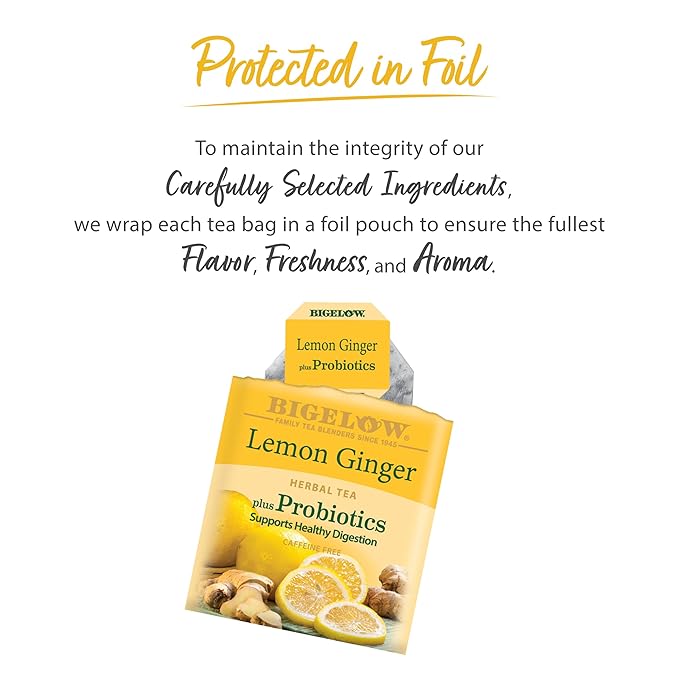 Bigelow Tea Lemon Ginger plus Probiotics Herbal Tea, Caffeine Free Tea with Lemon and Ginger, 18 Count Box (Pack of 12), 108 Total Tea Bags