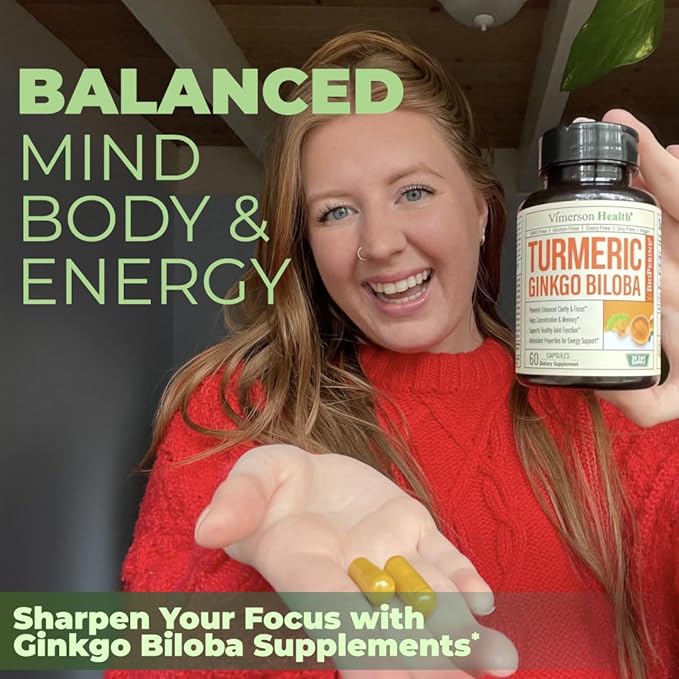 Ginkgo Biloba and Turmeric Curcumin Supplement with Black Pepper & Organic Tumeric – Natural Turmeric Supplement for Focus, Memory, Joint & Brain Health – 60 Vegan Ginko Biloba Capsules with Curcuma