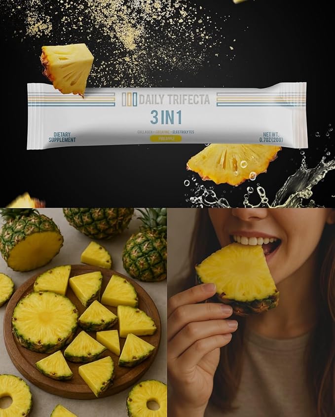 DAILY TRIFECTA 3-in-1 Collagen, Creatine & Electrolyte Stick Packs | Type I Collagen, Creatine Monohydrate, Zero Sugar | 30 Natural Single-Serve Packets | Strength, Hydration & Recovery (Pineapple)