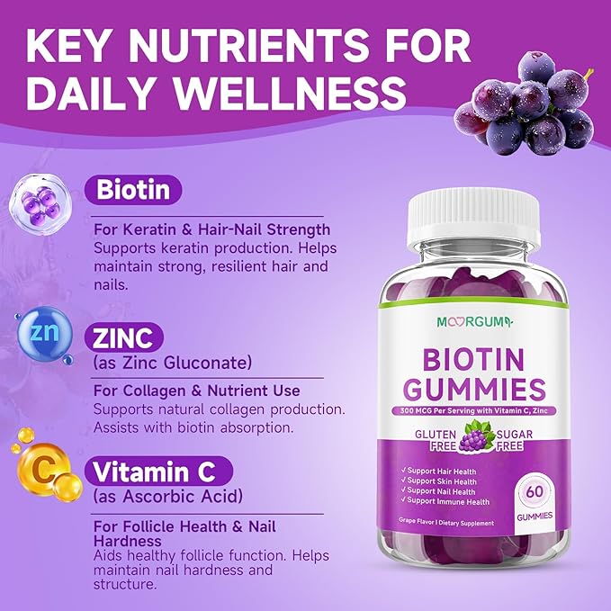 Sugar Free Biotin Hair, Skin & Nails Gummies, Supports Healthy Hair, Skin and Stronger Nails, with Vitamin C, Zinc Chewable Vitamin B7 Supplements for Women & Men, Vegan, Non-GMO, Grape, 120 Count