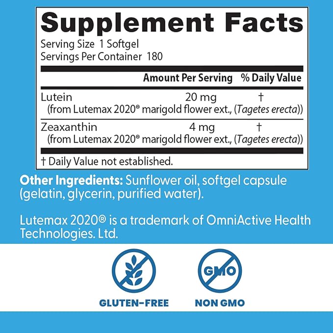 Doctor's Best Lutein Supplement 20mg with Zeaxanthin - Lutein for Eyes, Eye Health Vitamins for Men & Women, Vision and Macular Health Support, Lutemax 2020 Marigold Flower Extract - 180 Softgels