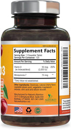 Vitamin D 2000 IU 50mcg Per Tablet - Vitamins D3 & K2 (MK7) Complex Supplement for Bone, Teeth, Muscle, Calcium Absorption, Supports Immune & Heart Health, Chewable Formula USA Bottled - 120 Tablets