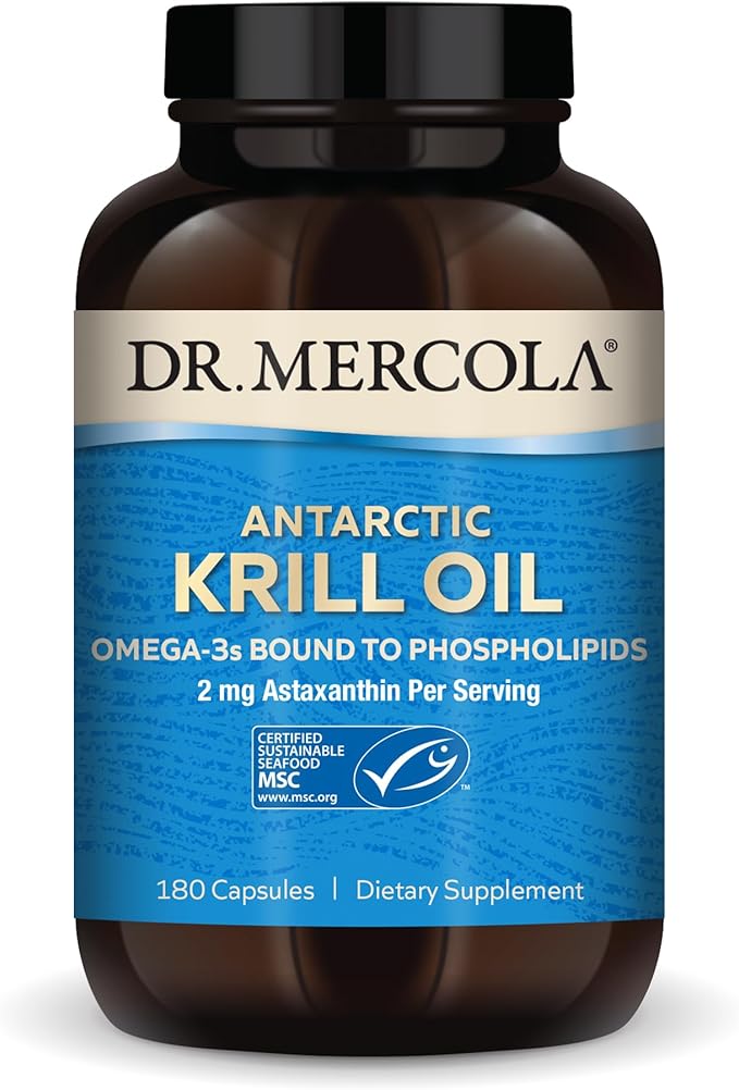 Dr. Mercola Antarctic Krill Oil, 1,000 mg per Serving, Omega-3 Supplement with EPA, DHA, Phospholipids & Astaxanthin, Supports Heart, Brain & Immune Health, Non-GMO, Soy-Free, 180 Capsule (90 Serving)