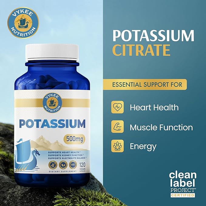 Vykee Nutrition Potassium Citrate Capsules - Supplements for Electrolyte Balance, Muscle & Heart Health - Vegan, Non-GMO, Gluten Free - 500 mg, 120 Count