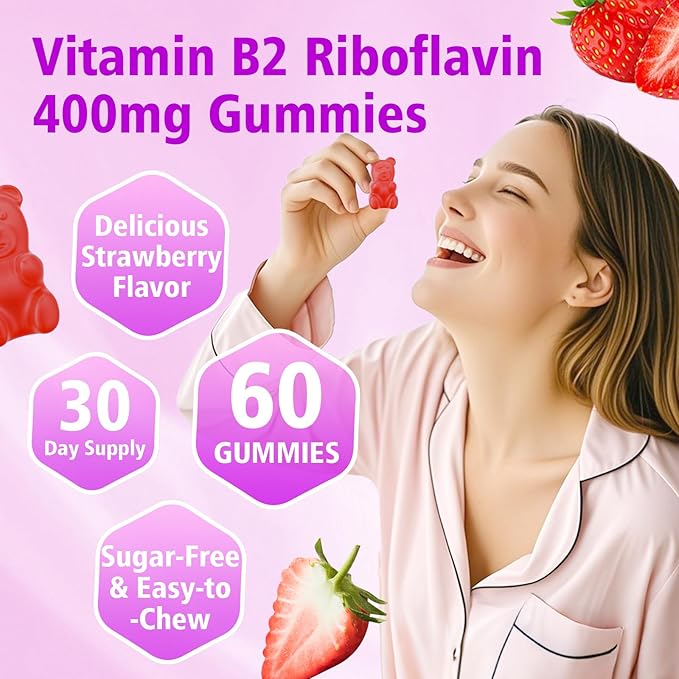 Vitamin B2 Gummies- Riboflavin 400mg with Magnesium & CoQ10 & Vitamins for Kids & Adults, Migraine Relief & Headache Relief - Strawberry Flavor, 60 Gummies