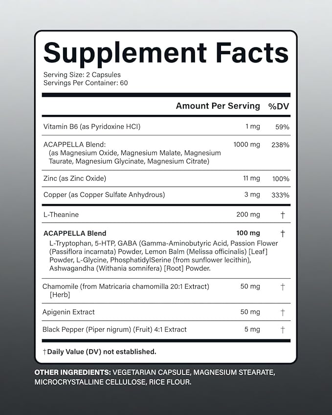 ACAPPELLA Magnesium Citrate Capsules with Magnesium Glycinate Capsules,Agnesium Taurate L-Theanine Apigenin Supplement - 120 Count