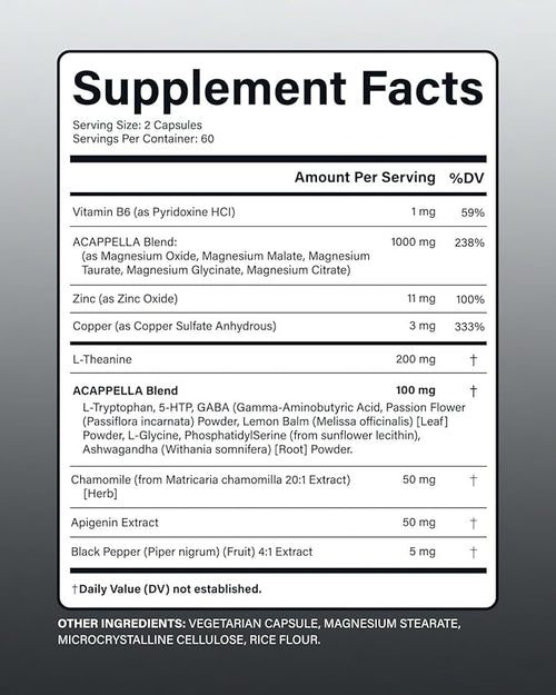 ACAPPELLA Magnesium Citrate Capsules with Magnesium Glycinate Capsules,Agnesium Taurate L-Theanine Apigenin Supplement - 120 Count
