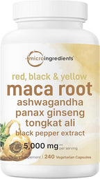 Maca Root Capsules for Women & Men 5,000mg | 240 Veggie Capsules with Ashwagandha, Red, Black, Yellow Maca Root, Panax Ginseng, Tongkat Ali & Black Pepper