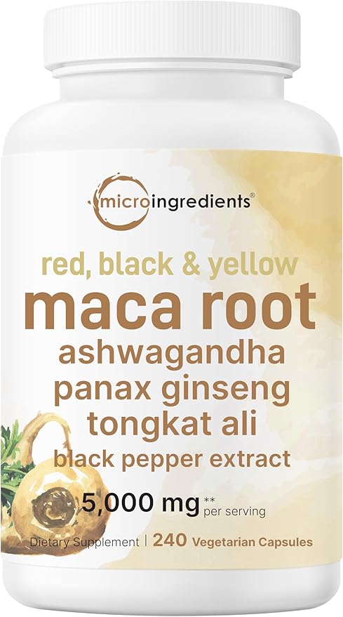 Maca Root Capsules for Women & Men 5,000mg | 240 Veggie Capsules with Ashwagandha, Red, Black, Yellow Maca Root, Panax Ginseng, Tongkat Ali & Black Pepper