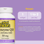 Natural Factors, Coenzyme Q10 50mg, CoQ10 Supplement for Energy, Heart and Antioxidant Support, Gluten Free, 120 softgels (120 servings)