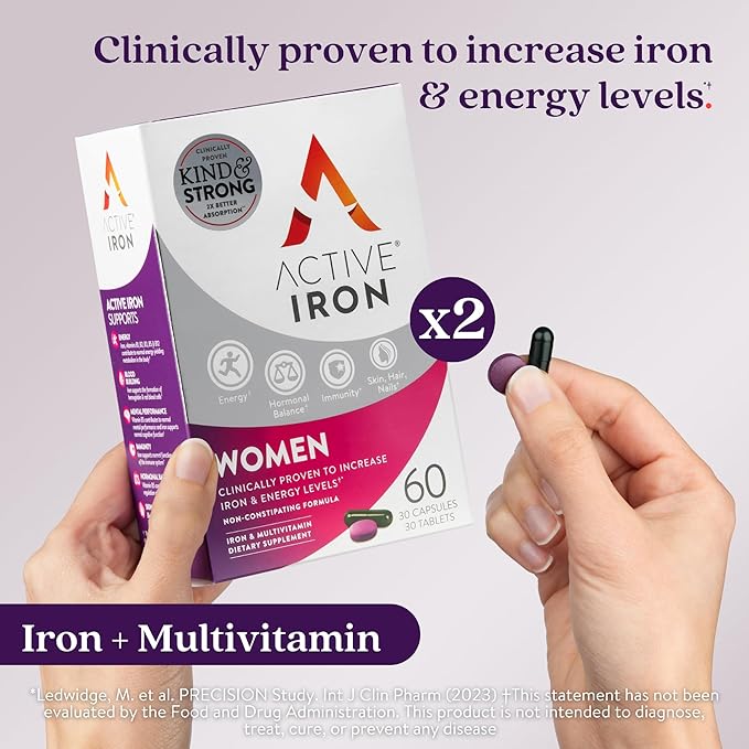 Active Iron Supplement 25mg + Multivitamin for Women, Clinically Proven to Increase Iron & Energy Levels, Maximum Absorption, Gentle, Non-Constipating, 60 Capsules + 60 Tablets in On-the-Go Foil Packs