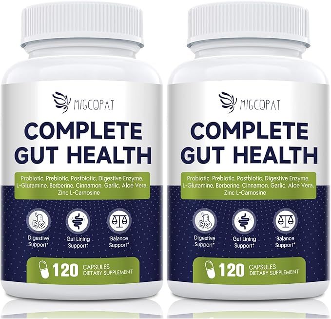 Migcopat Probiotics for Digestive Health, 80 Billion CFU Probiotics, Prebiotics, Postbiotics & Digestive Enzymes, Gut Health Capsules with Berberine, Cinnamon, L-Glutamine, for Men & Women, 240 Counts