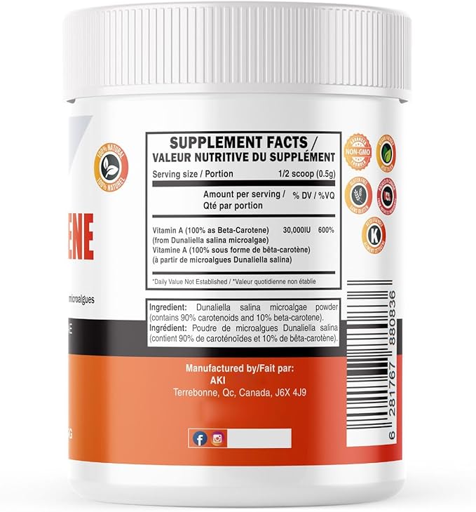 AKI Beta Carotene 10% Powder (1.5oz/42.52g) Highly Concentrated flavouring Fount of Vitamin A, May Helps to Support Body Functions, Skin, Immune System and Eye - GMO Free & Vegan Friendly
