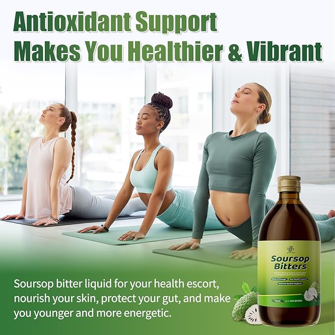 Soursop Bitters Liquid for Digestive Health,Gut Detox&Cleanse,Antioxidant,Immune Support,Skin Health-Pure 15 Herb Guanabana Tea with Black Seed,Moringa & Turmeric,98% High Absorption,Non-GMO 16 fl oz
