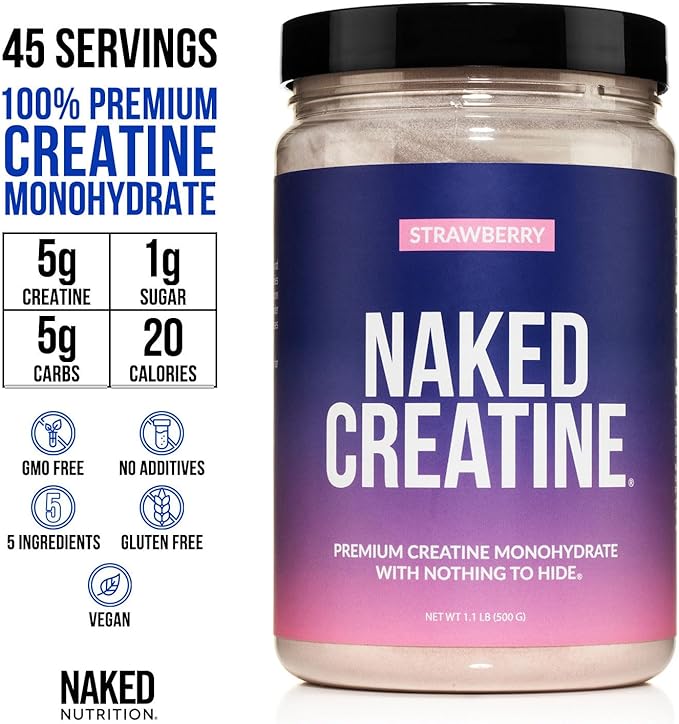 NAKED Creatine - Strawberry Flavored Creatine Monohydrate - Real Strawberry Powder, No Additives, Muscle Growth, Vegan, Non-GMO, Gluten Free, Soy Free - 45 Servings