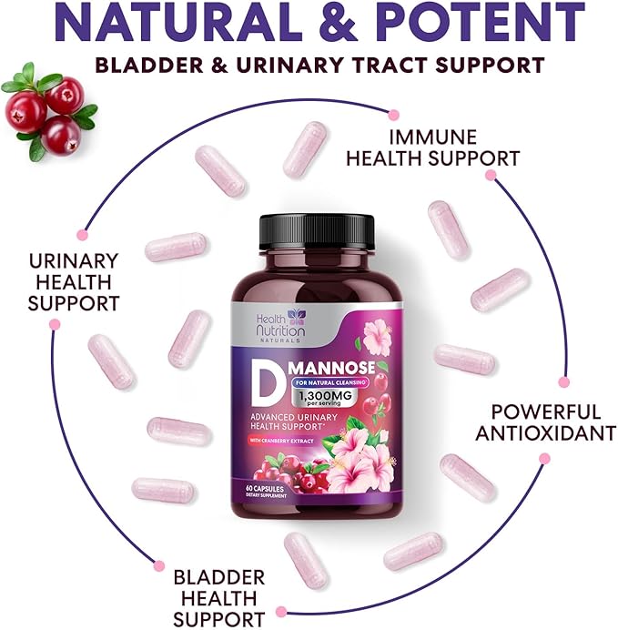 D-Mannose Supplement - 1,300mg Organic D Mannose Per Serving with Organic Cranberry Extract - Fast-Acting, Natural Urinary & Bladder Support for Women & Men – Flush & Cleanse Impurities – 60 Capsules