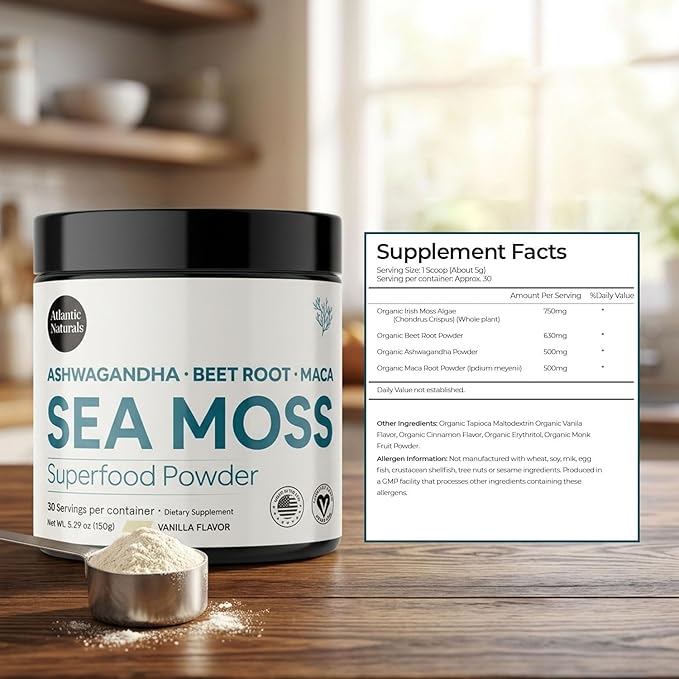 Atlantic Naturals Superfood Organic Sea Moss Powder Blend with Ashwagandha, Maca Root & Beet Root | Ideal for Healthy Skin, Positive Mood & Energy | Vanilla Flavor (150g)