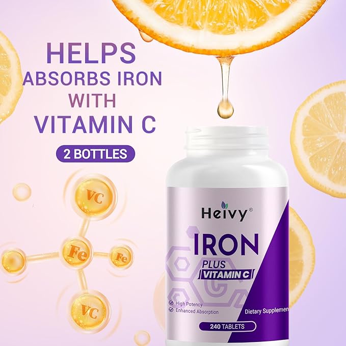 Heivy Ferrous Sulfate 325mg (Iron 65mg), High Potency Iron Supplement for Women and Men, Iron Pills with Vitamin C, Non-GMO - 240 Tablets (2 Pack) Made in USA