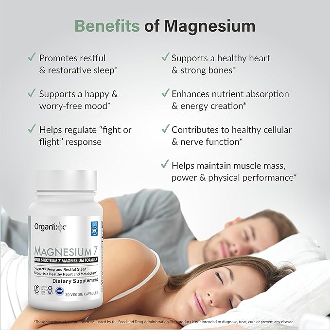 Organixx Magnesium Glycinate Supplement for Support Sleep, 3 Month Supply, Muscle & Heart Health, 7 Type Magnesium Complex with Vitamin B6, Manganese Citrate, Gluten Free, Vegan, Non GMO, 90 Capsules