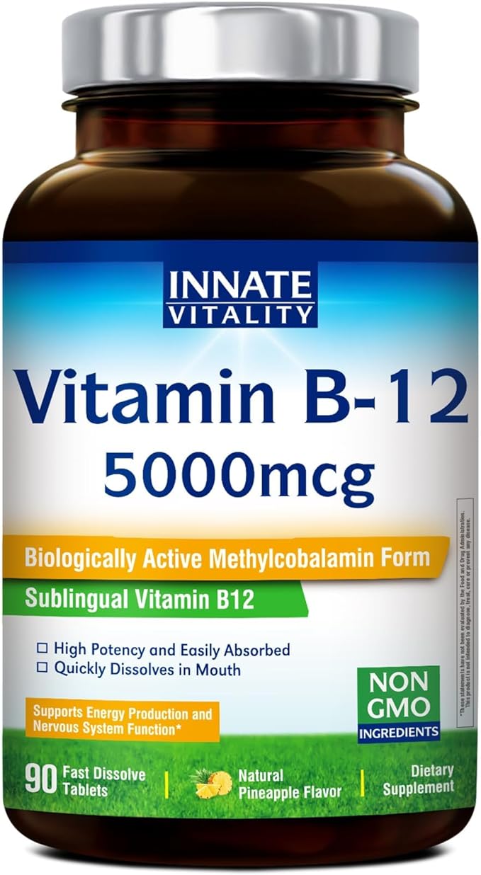 Innate Vitality Vitamin B12 5000mcg, Sublingual, Vegan Methylcobalamin, Fast Dissolve Tablets, Natural Pineapple Flavor, Supports Energy Production & Healthy Nervous System, 90 Tablets