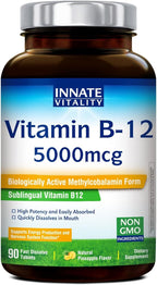 Innate Vitality Vitamin B12 5000mcg, Sublingual, Vegan Methylcobalamin, Fast Dissolve Tablets, Natural Pineapple Flavor, Supports Energy Production & Healthy Nervous System, 90 Tablets