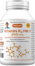ANDREW LESSMAN Vitamin K2 MK7 240 mcg 60 Softgels - Essential for Healthy Calcium Utilization, Promotes Optimum Skeletal, Heart and Arterial Health. No Additives. Small Easy to Swallow Softgels