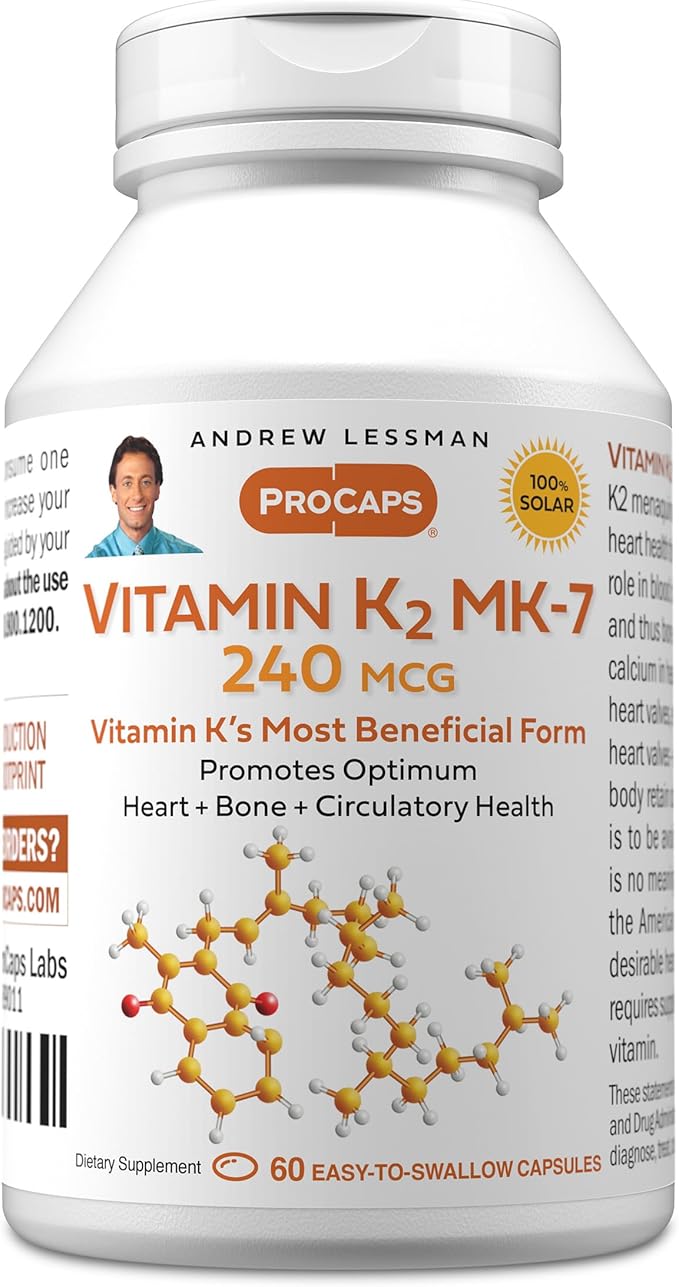 ANDREW LESSMAN Vitamin K2 MK7 240 mcg 60 Softgels - Essential for Healthy Calcium Utilization, Promotes Optimum Skeletal, Heart and Arterial Health. No Additives. Small Easy to Swallow Softgels