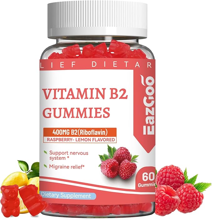 Vitamin B2 Gummies - Riboflavin 400mg Supplement with Magnesium for Adults, B2 Gummies for Migraine Relief* & Nervous System Support* - Vegan, Sugar-Free, Raspberry-Lemon Flavor, 60 Count