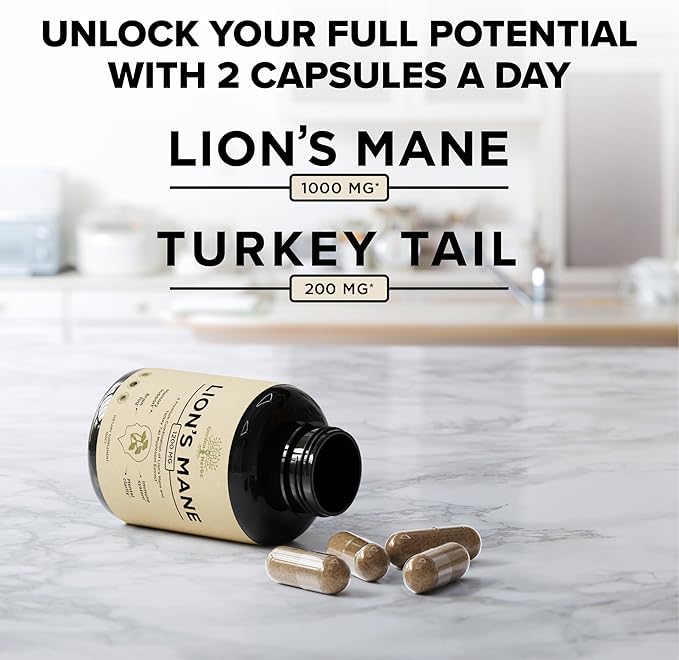 Lion's Mane Supplement Capsules with Turkey Tail for Memory & Focus – 10:1 Mushroom Extract, Brain Fog Support, 1200mg, Third Party Tested, Non-GMO, Vegan, Made in USA, 120 Capsules, 2 Month Supply