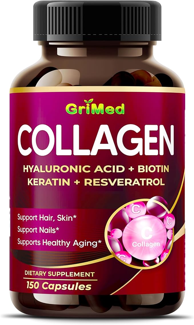 GriMed Organic Collagen 6,419 mg with Hyaluronic Acid, Biotin, Keratin, Resveratrol Hair Skin, Nails Vitamins (150 Count (Pack of 1))