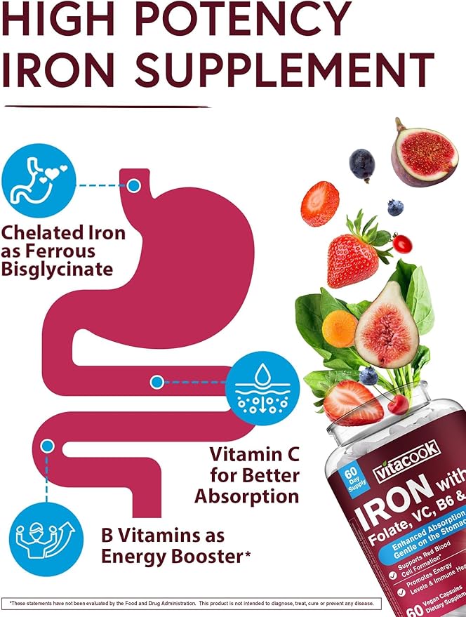 Iron Supplement for Women & Men, Iron Bisglycinate with Vitamin C, B6, B12, Folate, Stomach Friendly, Non-Constipating, Blood Health & Energy Boost, 60 Vegan Caps
